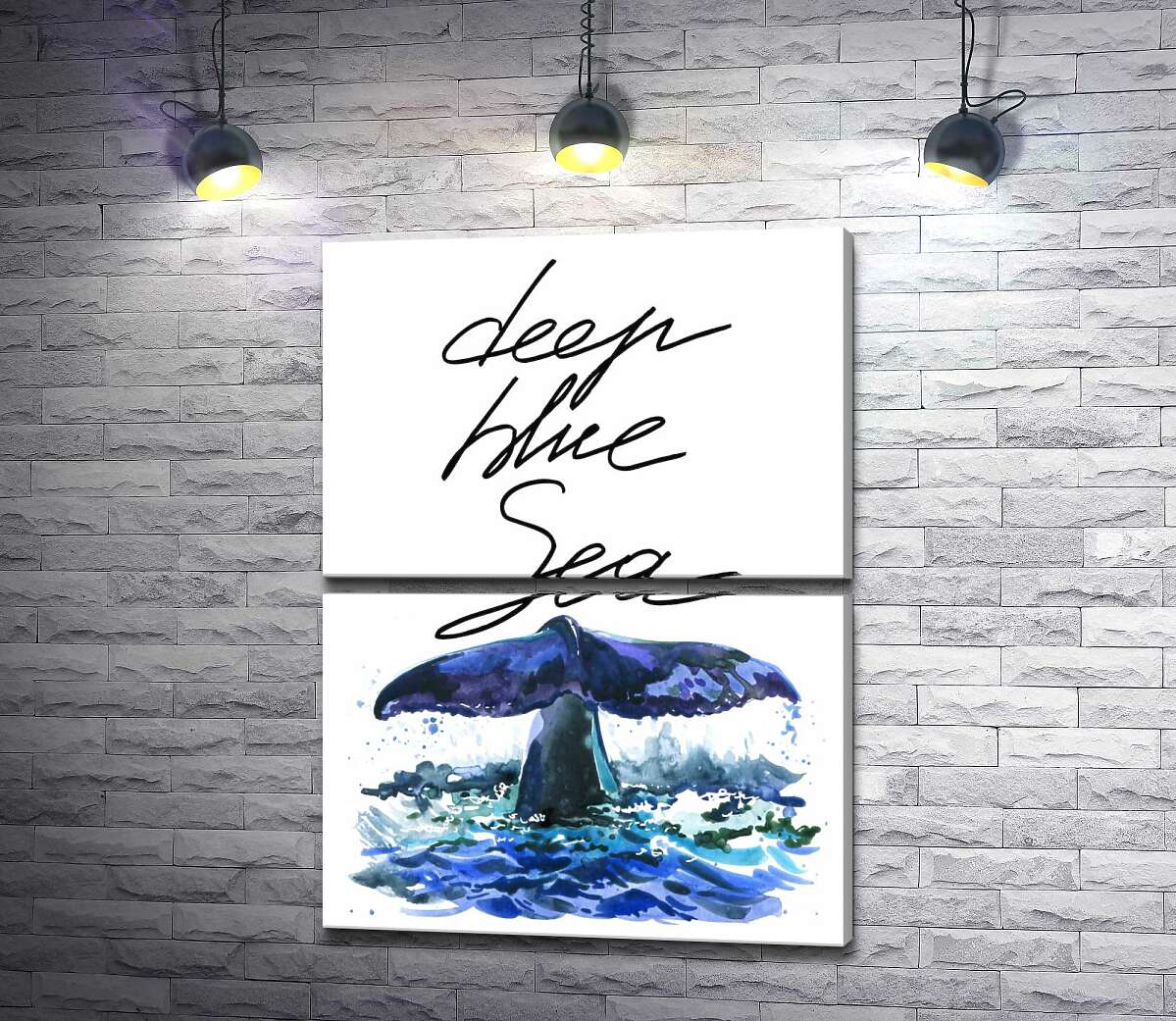 модульная картина Хвост кита над водной поверхностью рядом с надписью "deep blue sea" (Модуль №7)