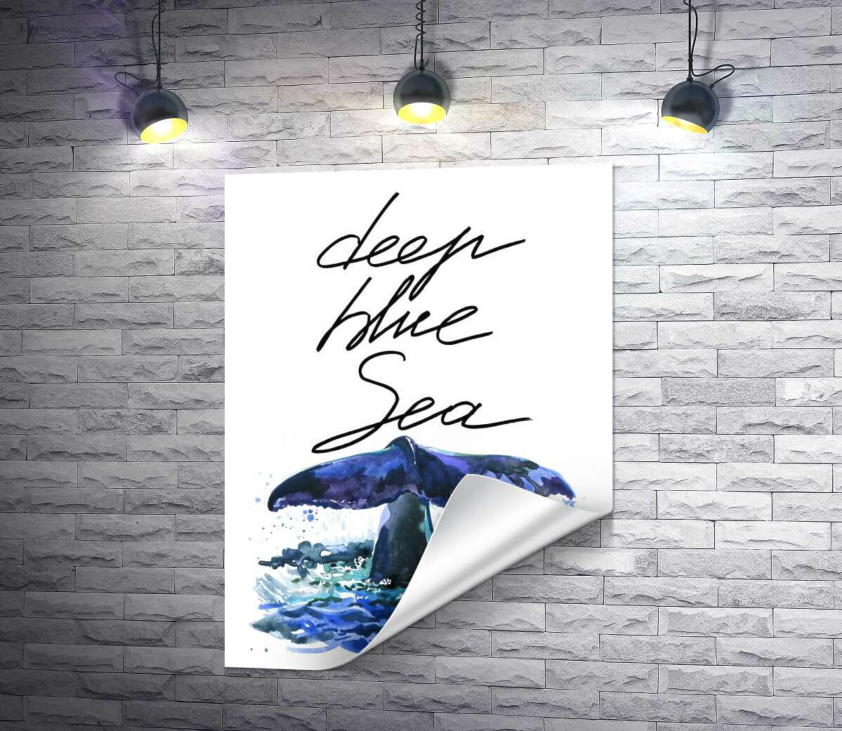 печать Хвост кита над водной поверхностью рядом с надписью "deep blue sea"