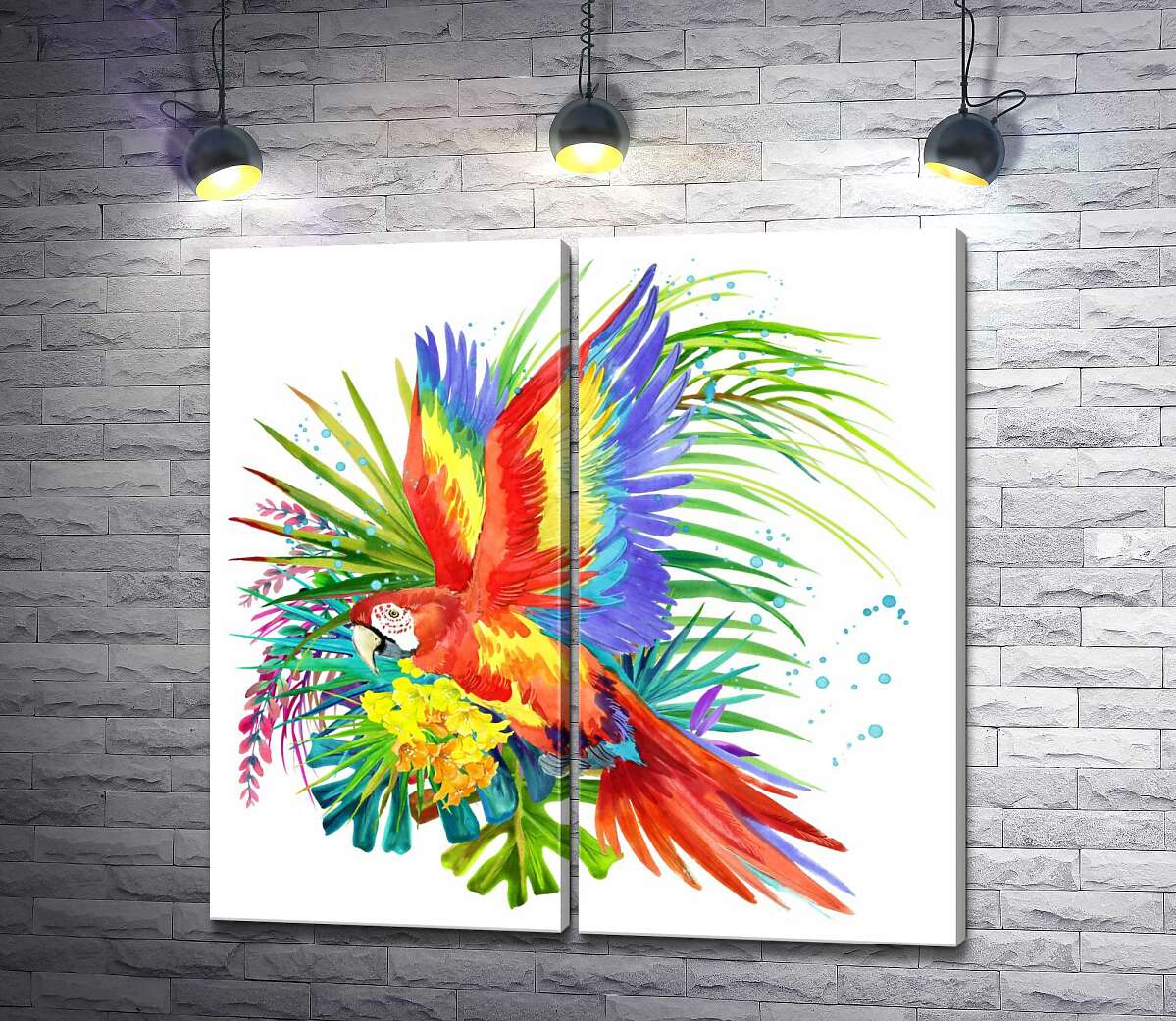модульна картина Папуга ара серед тропічних квітів