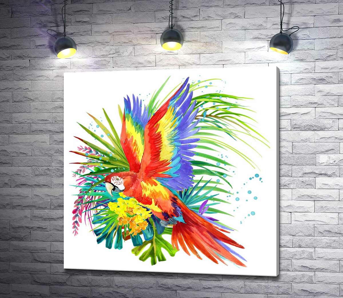 картина Попугай ара среди тропических цветов