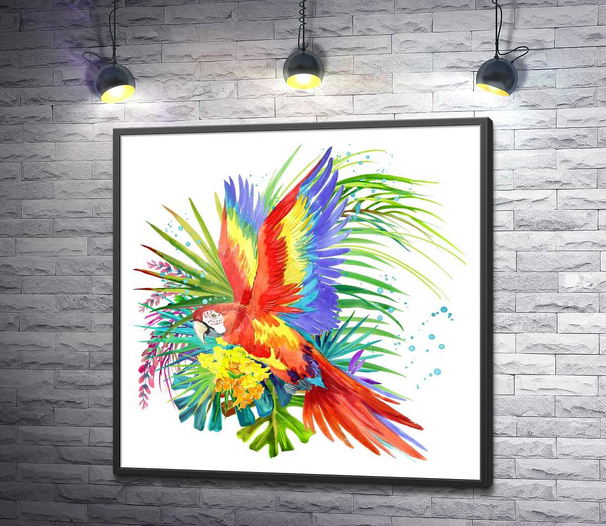 постер Попугай ара среди тропических цветов