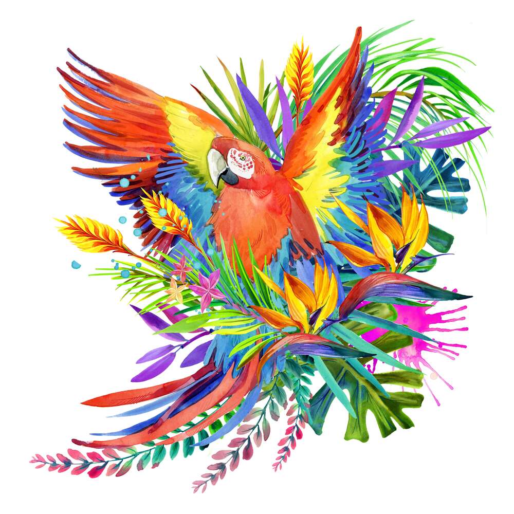 картина-постер Папуга ара маскується серед тропічного різноманіття квітів
