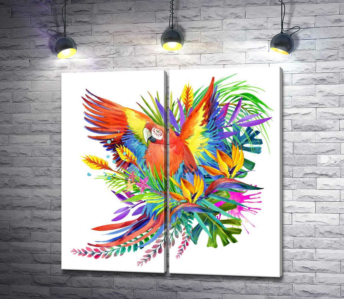 модульная картина Попугай ара маскируется среди тропического разнообразия цветов