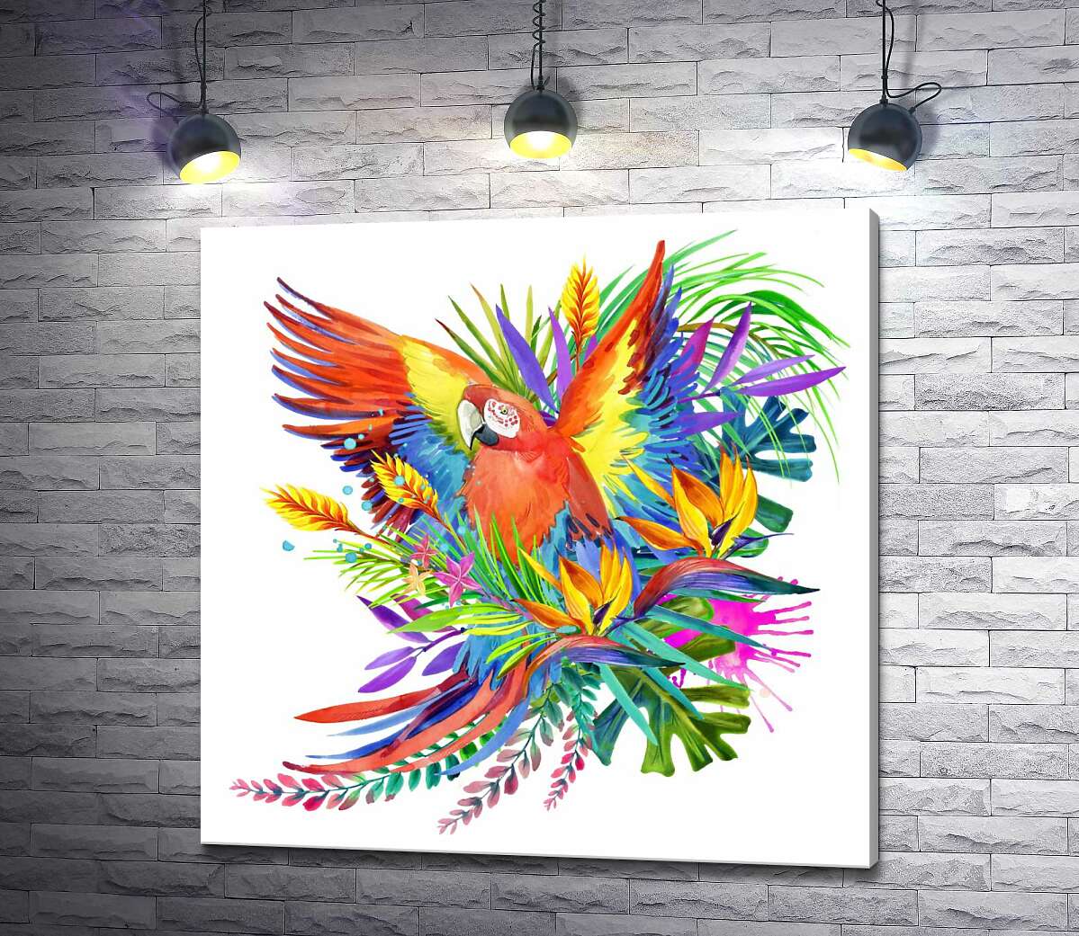 картина Попугай ара маскируется среди тропического разнообразия цветов