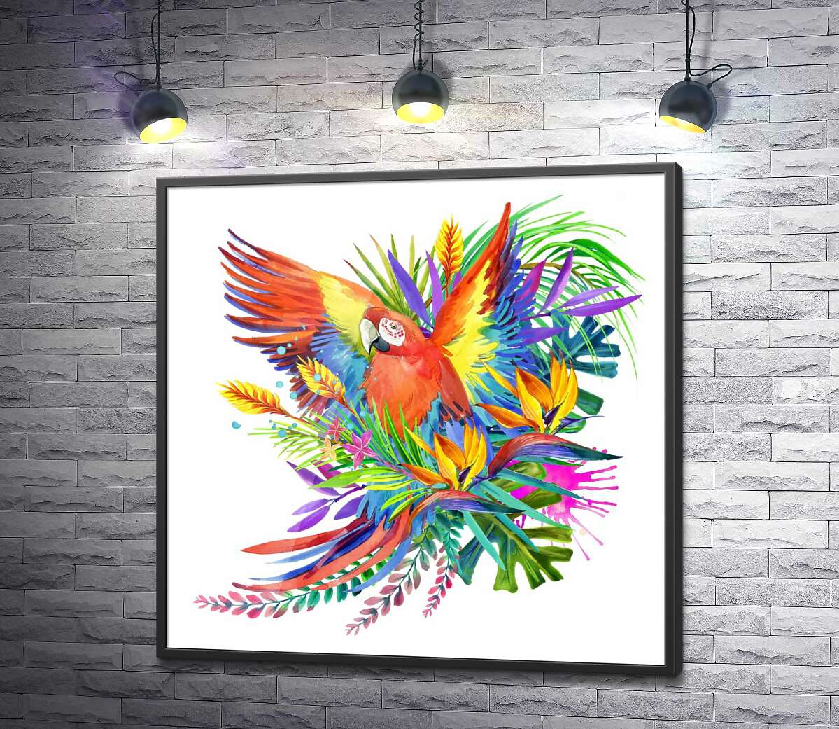 постер Папуга ара маскується серед тропічного різноманіття квітів