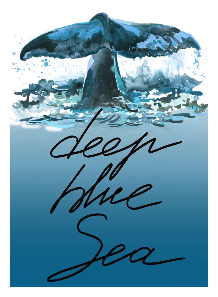 картина-постер Кит ныряет в голубые воды океана с надписью "deep blue sea"