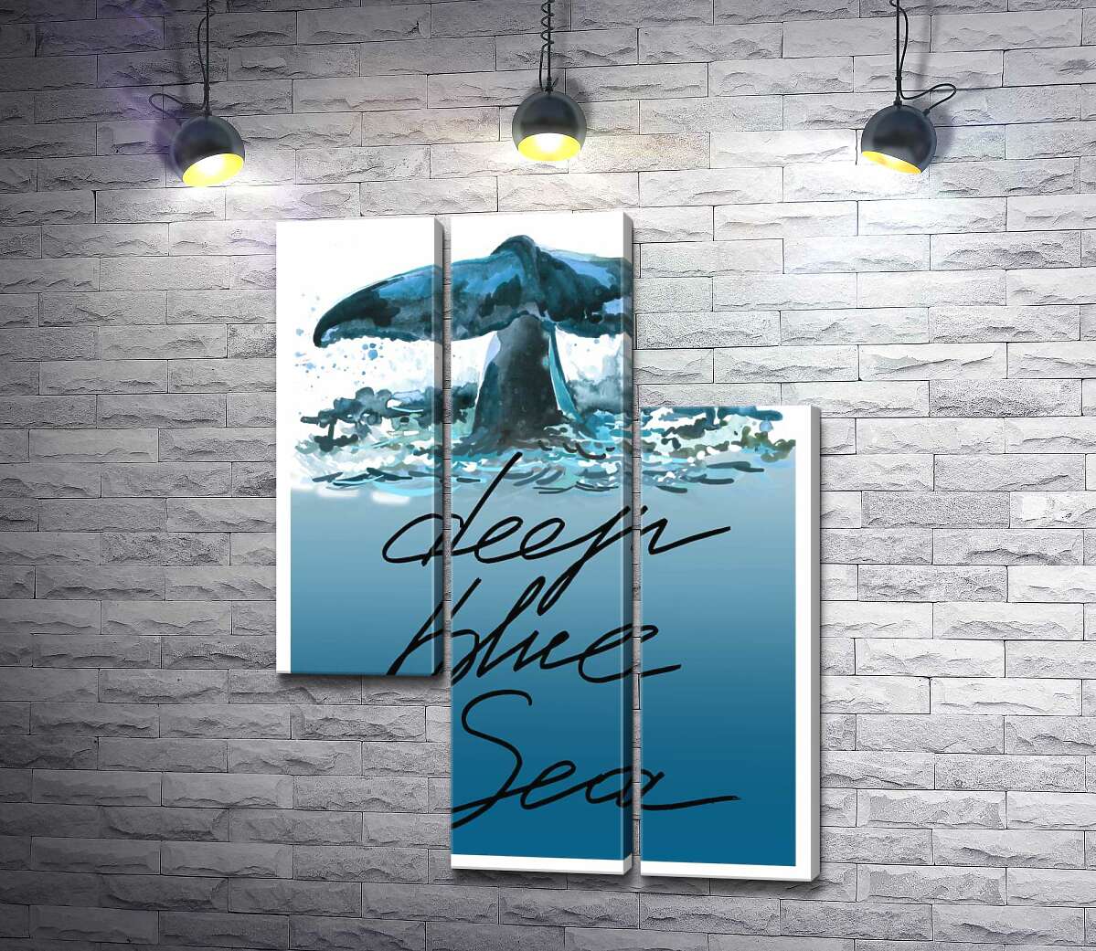 модульная картина Кит ныряет в голубые воды океана с надписью "deep blue sea" (Модуль №13)