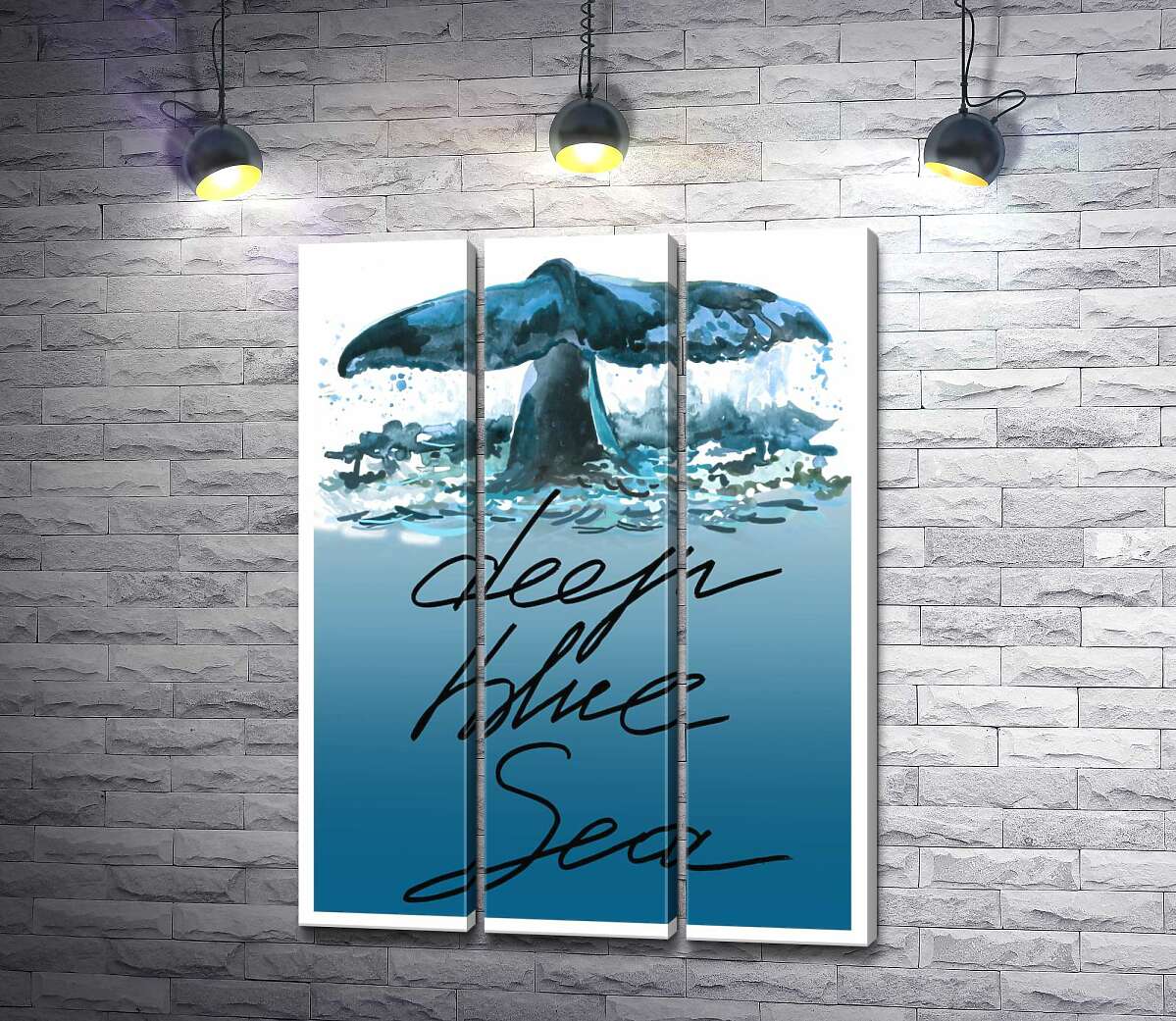 модульна картина Кит пірнає у блакитні води океану з написом "deep blue sea"