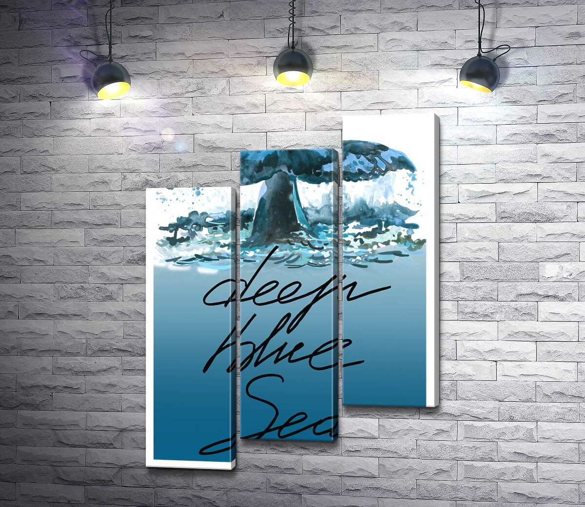 модульная картина Кит ныряет в голубые воды океана с надписью "deep blue sea" (Модуль №14)