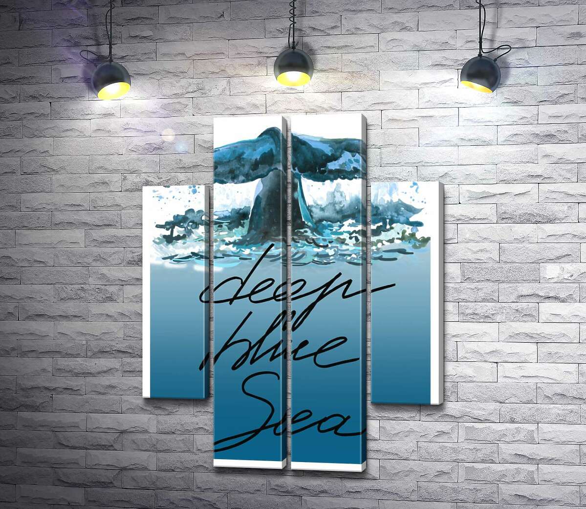 модульная картина Кит ныряет в голубые воды океана с надписью "deep blue sea" (Модуль №20)