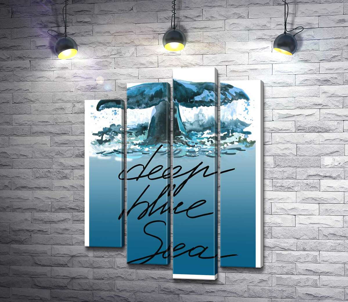модульна картина Кит пірнає у блакитні води океану з написом "deep blue sea" (Модуль №3)