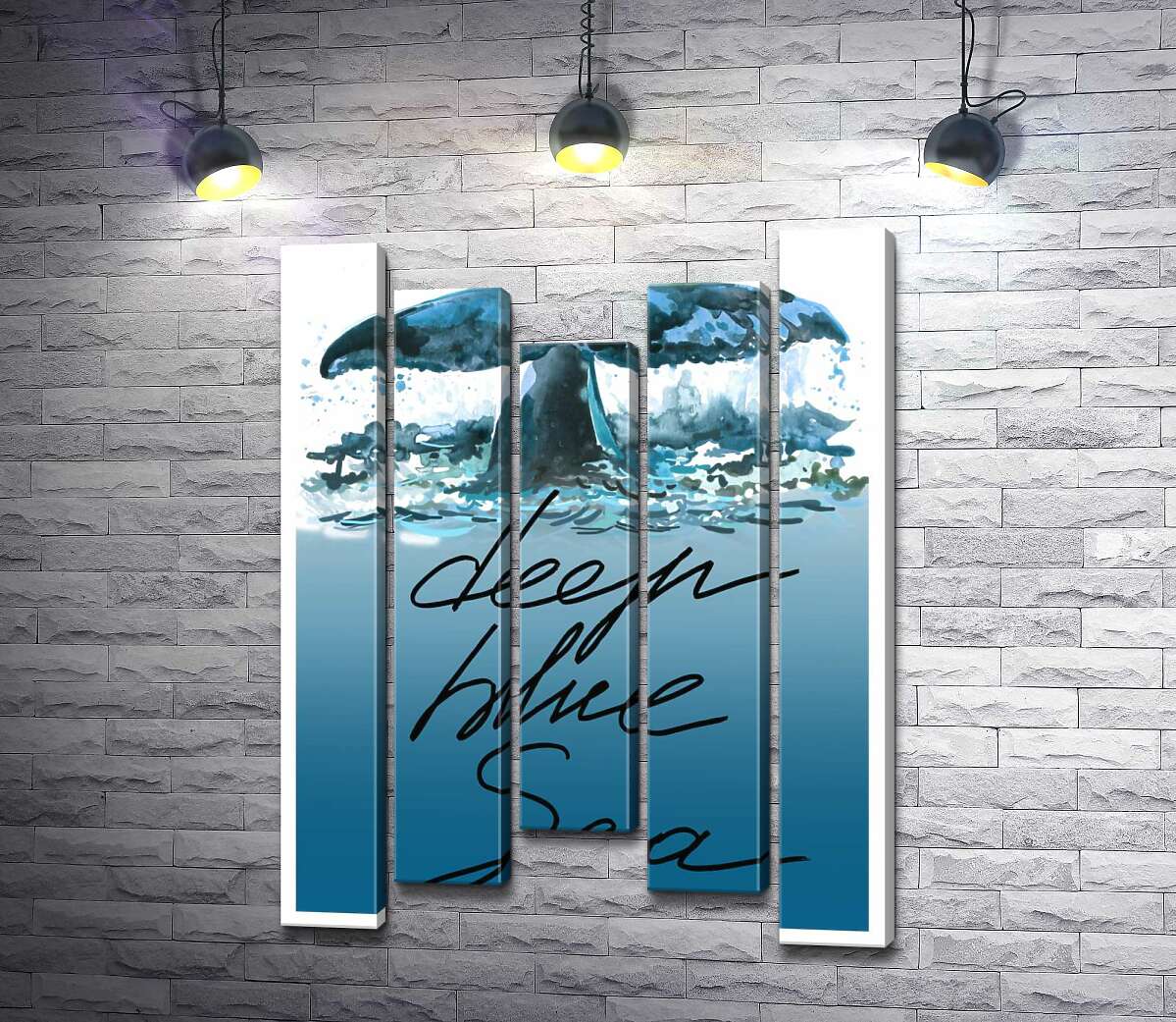 модульная картина Кит ныряет в голубые воды океана с надписью "deep blue sea" (Модуль №27)