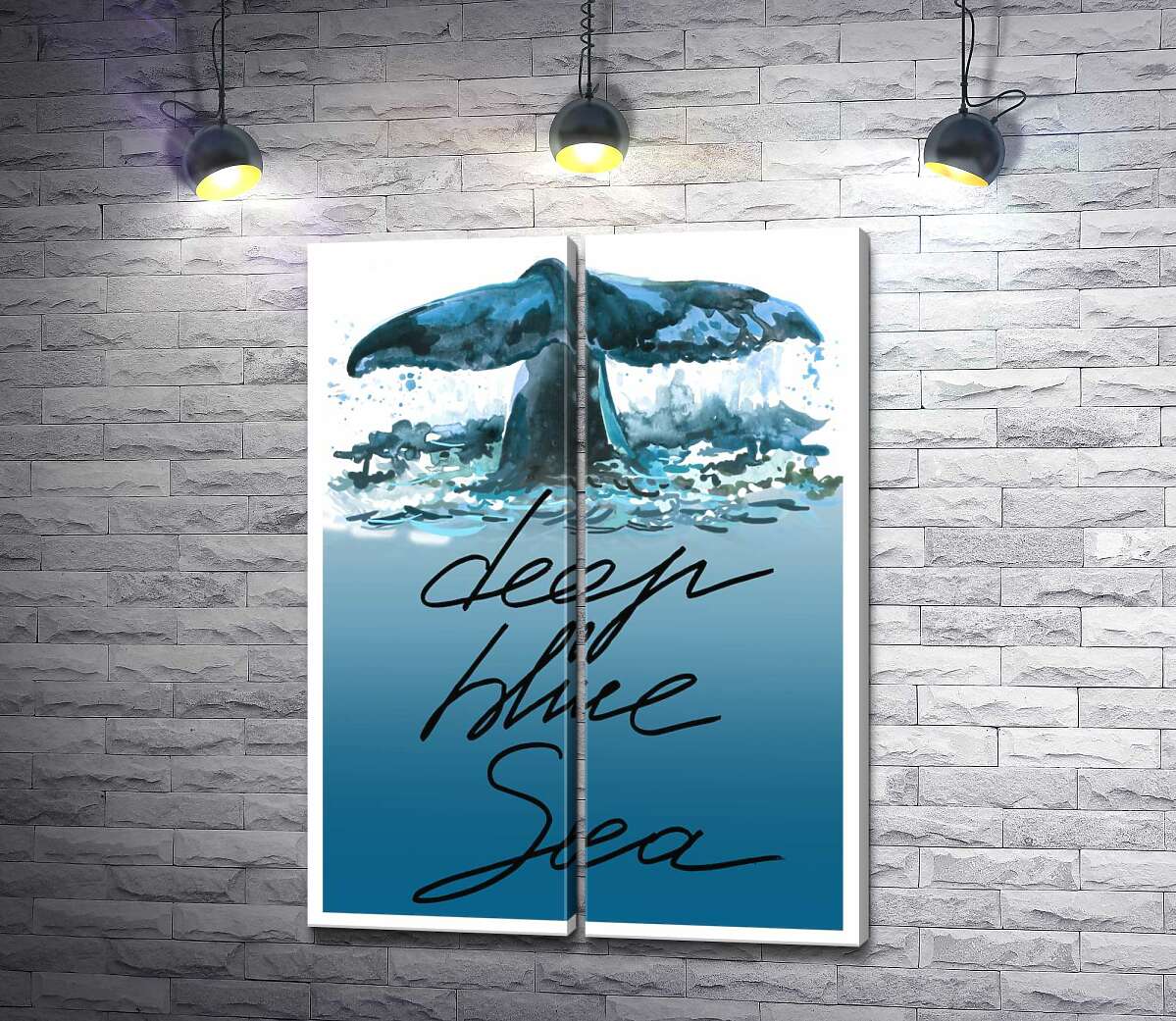 модульная картина Кит ныряет в голубые воды океана с надписью "deep blue sea"