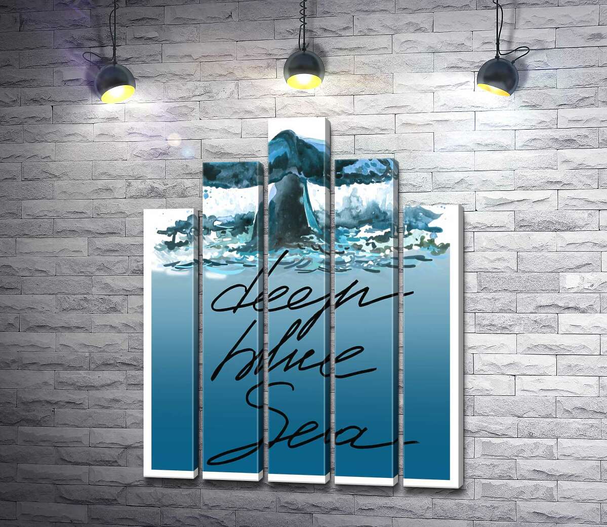 модульная картина Кит ныряет в голубые воды океана с надписью "deep blue sea" (Модуль №29)
