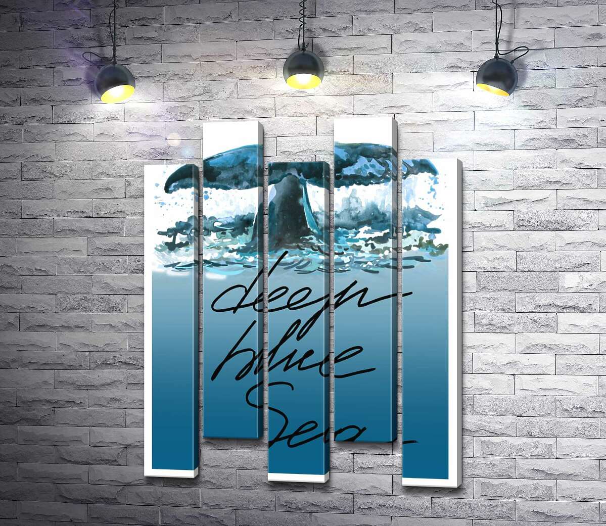 модульная картина Кит ныряет в голубые воды океана с надписью "deep blue sea" (Модуль №30)
