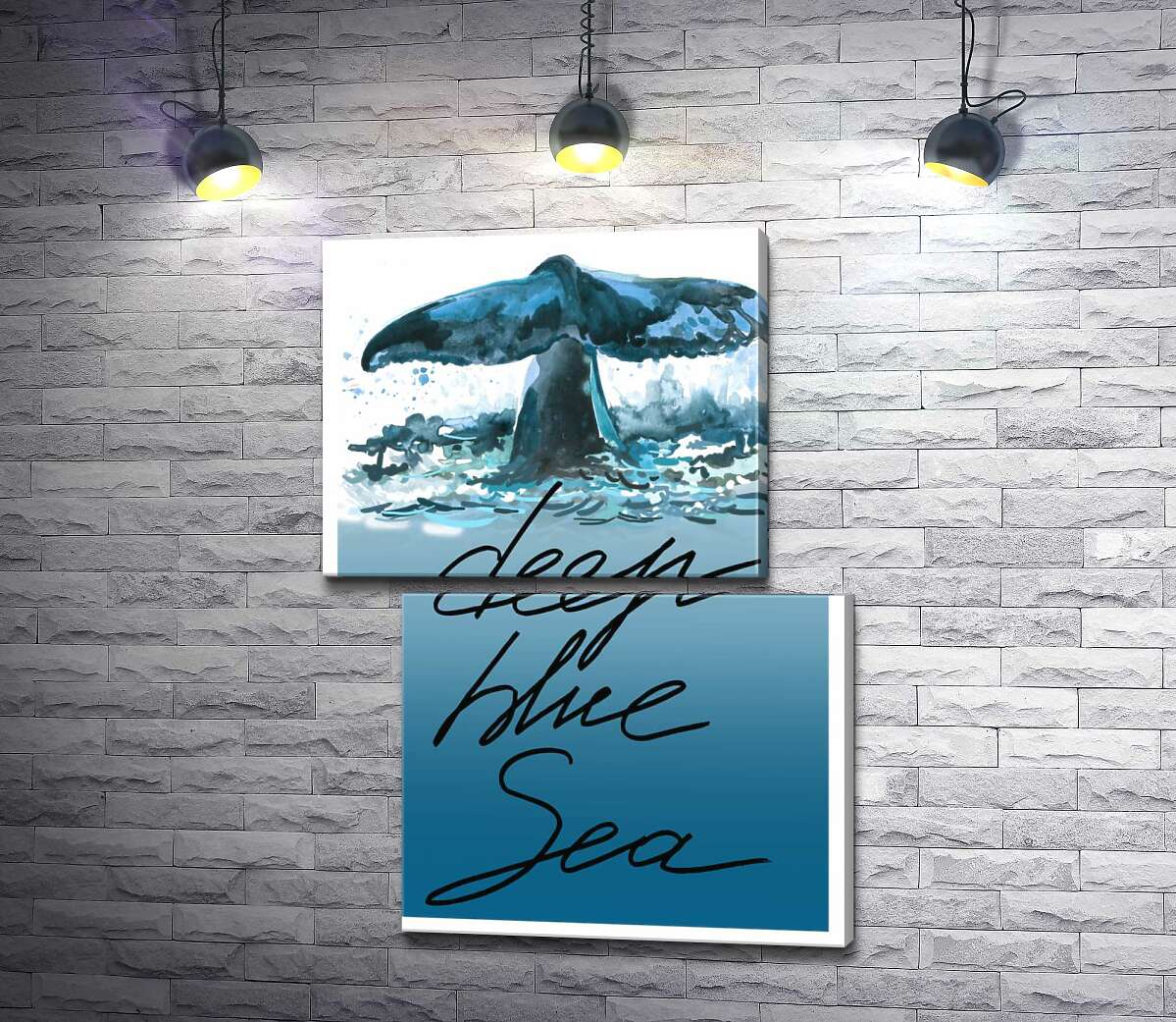 модульна картина Кит пірнає у блакитні води океану з написом "deep blue sea" (Модуль №8)
