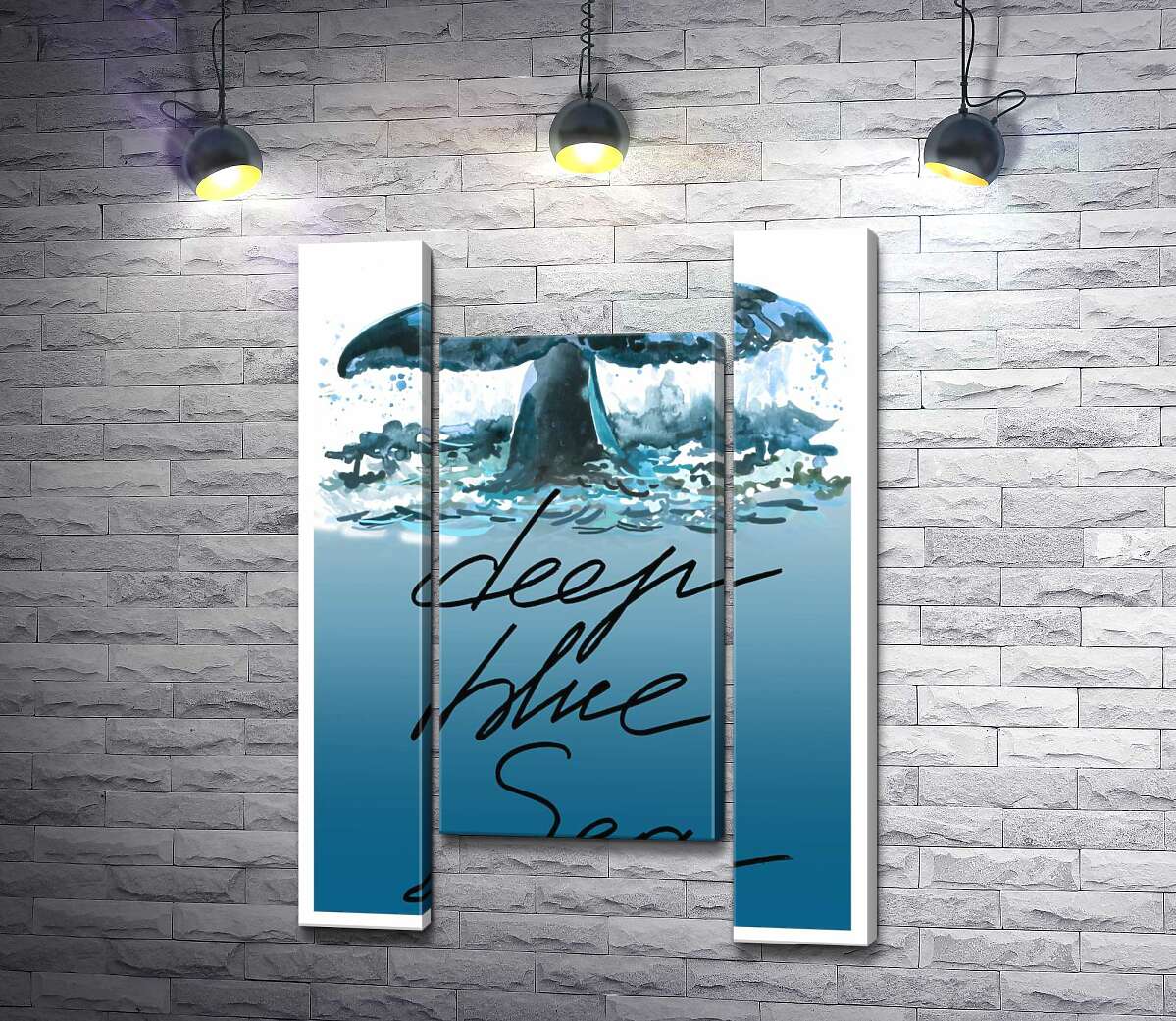 модульная картина Кит ныряет в голубые воды океана с надписью "deep blue sea" (Модуль №11)