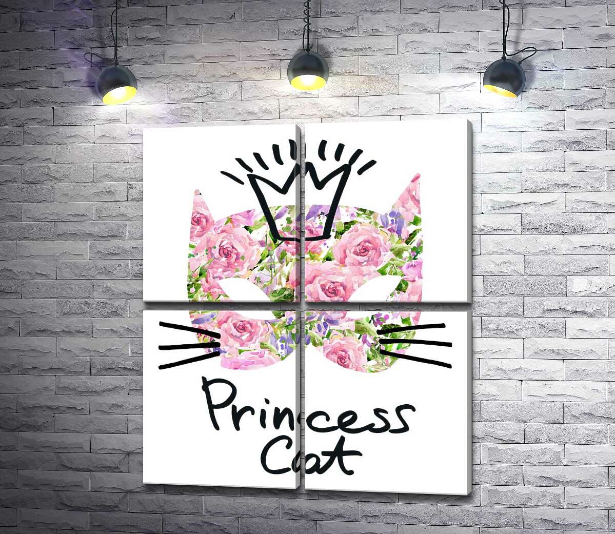 модульна картина Трояндова маска кота з написом "princess cat" (Модуль №25)