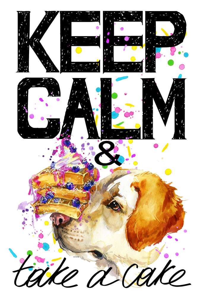 картина-постер Собака з тортом на носі серед напису " keep calm and take a cake"