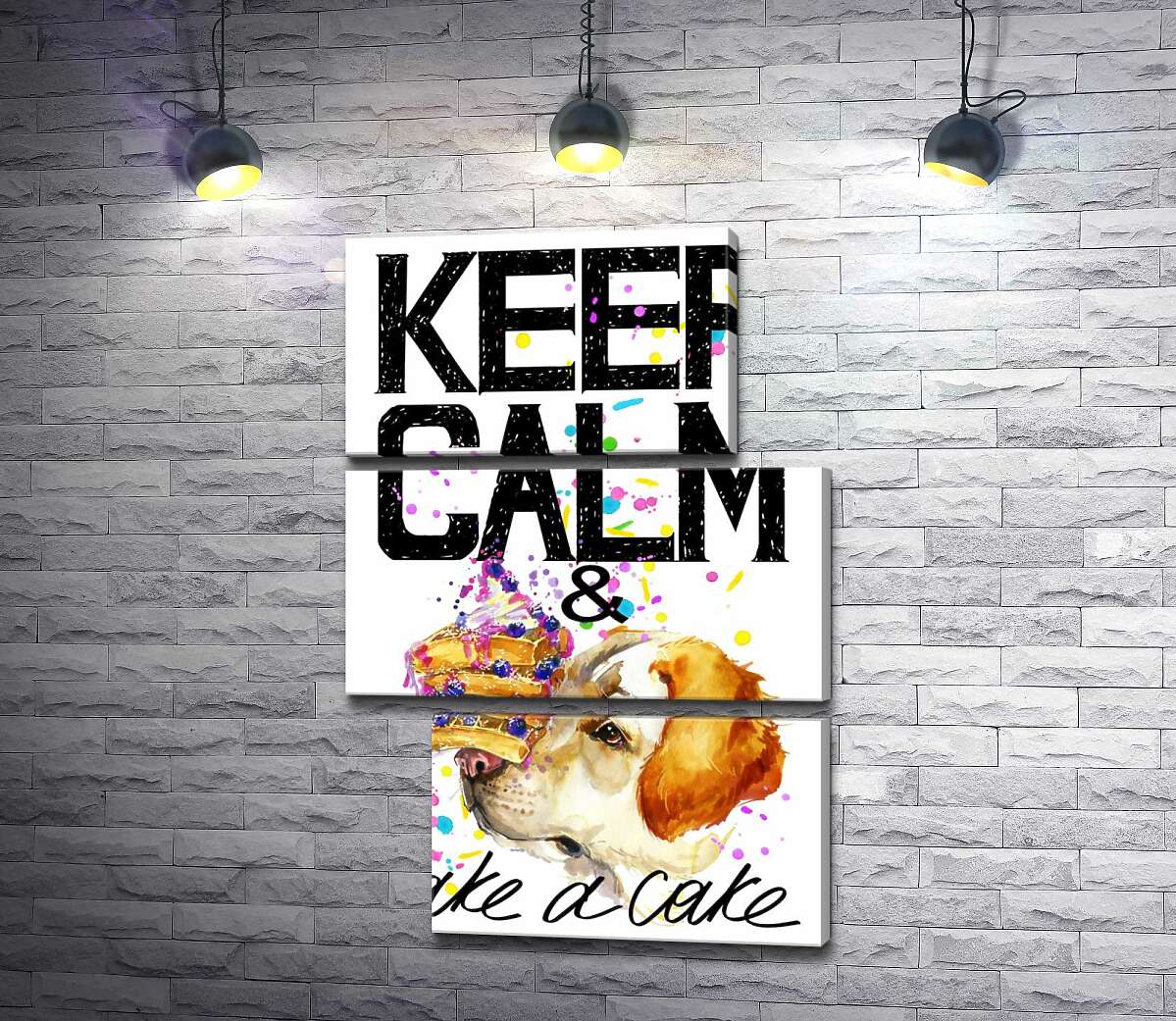модульна картина Собака з тортом на носі серед напису " keep calm and take a cake" (Модуль №16)