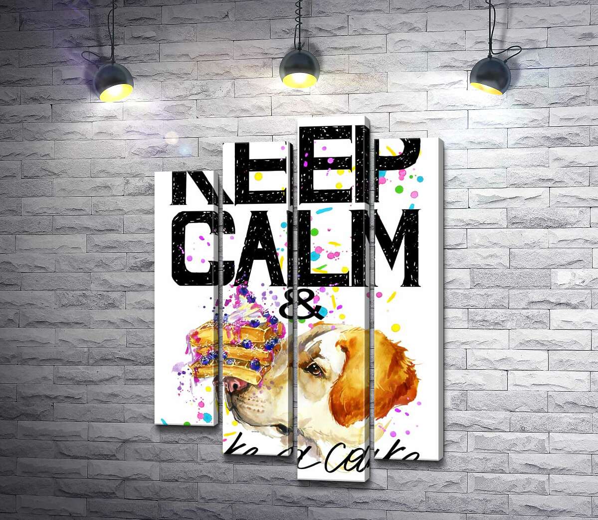 модульна картина Собака з тортом на носі серед напису " keep calm and take a cake" (Модуль №3)