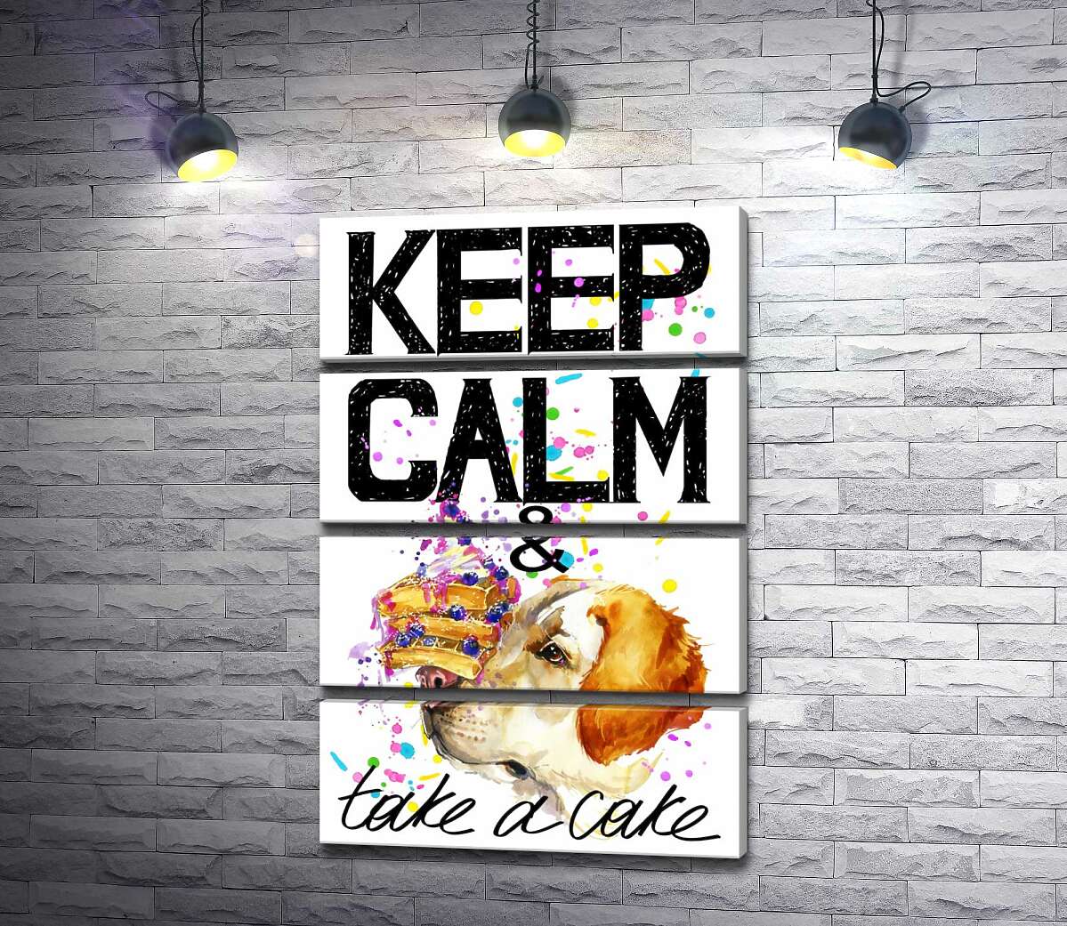 модульна картина Собака з тортом на носі серед напису " keep calm and take a cake" (Модуль №22)