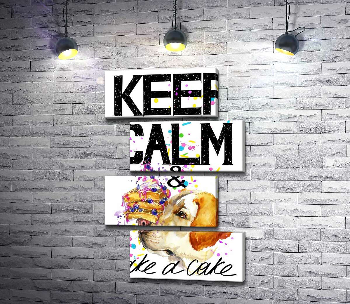 модульна картина Собака з тортом на носі серед напису " keep calm and take a cake" (Модуль №23)