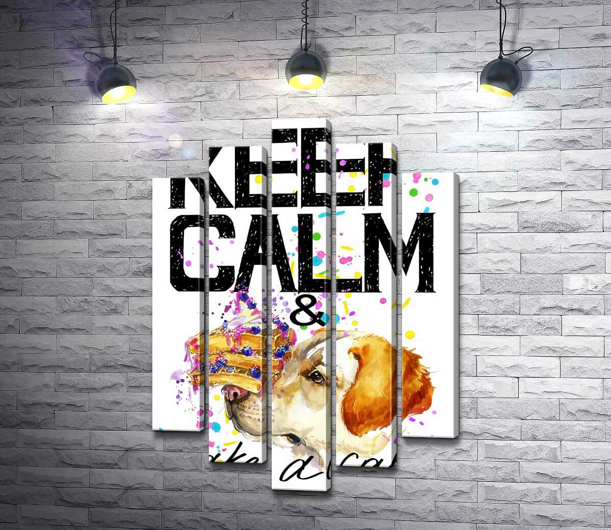 модульная картина Собака с тортом на носу среди надписи " keep calm and take a cake " (Модуль №4)