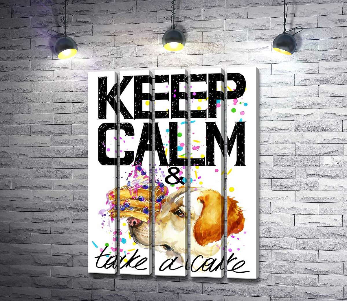 модульная картина Собака с тортом на носу среди надписи " keep calm and take a cake " (Модуль №26)