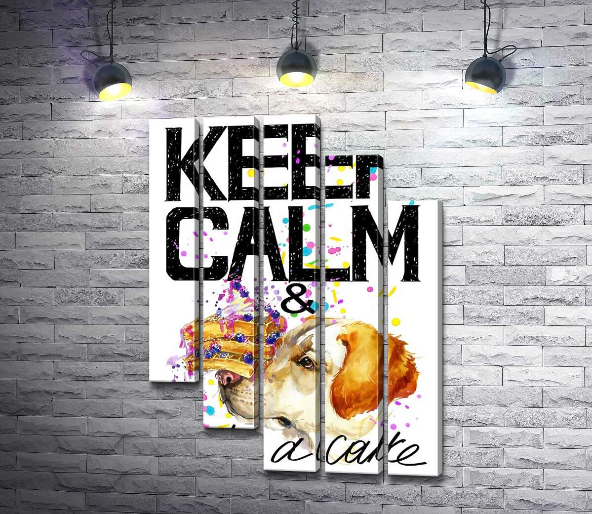 модульная картина Собака с тортом на носу среди надписи " keep calm and take a cake " (Модуль №28)