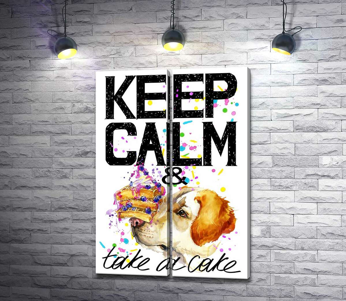 модульная картина Собака с тортом на носу среди надписи " keep calm and take a cake "