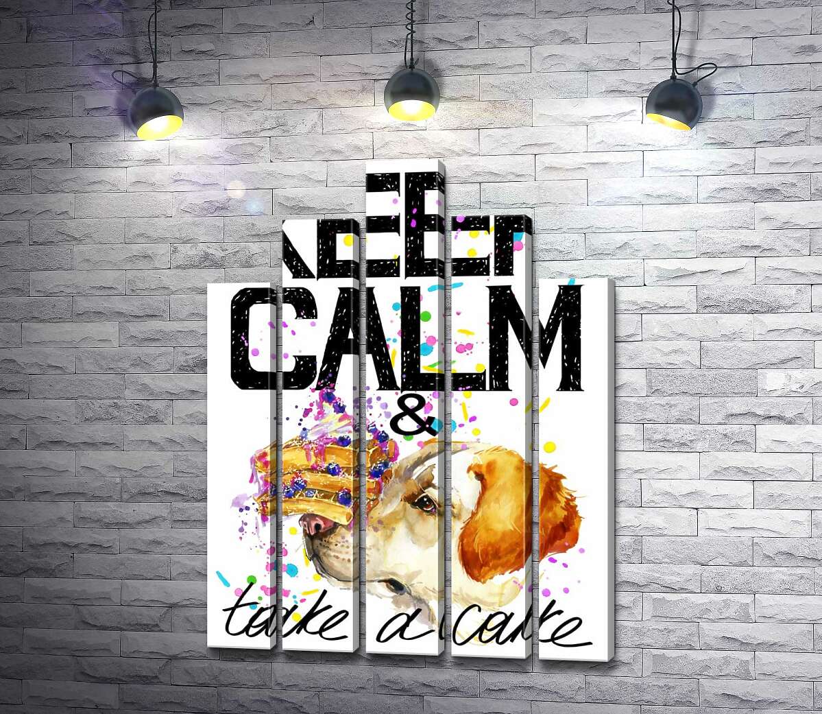 модульна картина Собака з тортом на носі серед напису " keep calm and take a cake" (Модуль №29)