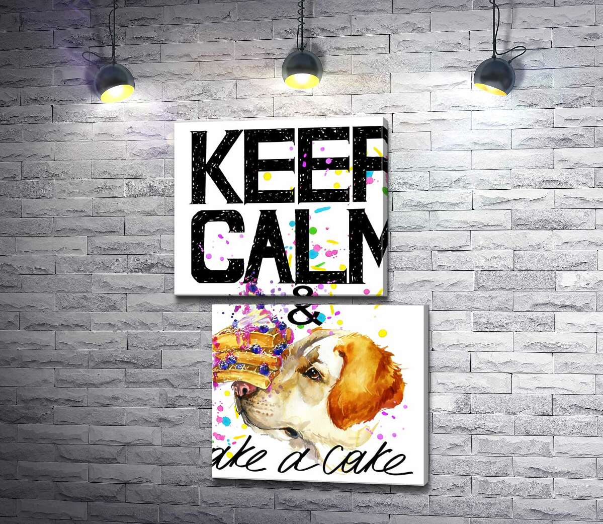 модульная картина Собака с тортом на носу среди надписи " keep calm and take a cake " (Модуль №8)