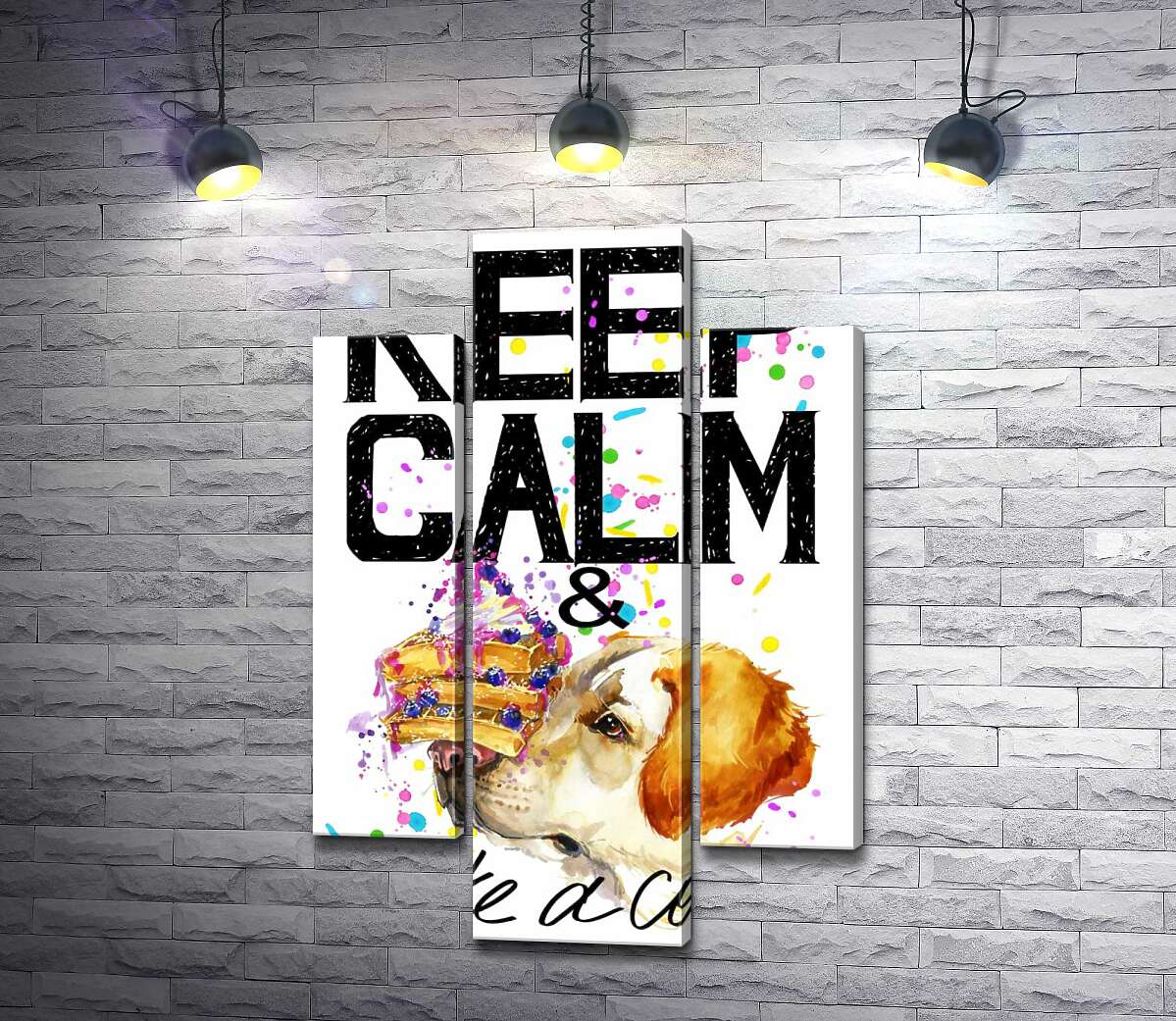 модульная картина Собака с тортом на носу среди надписи " keep calm and take a cake " (Модуль №10)
