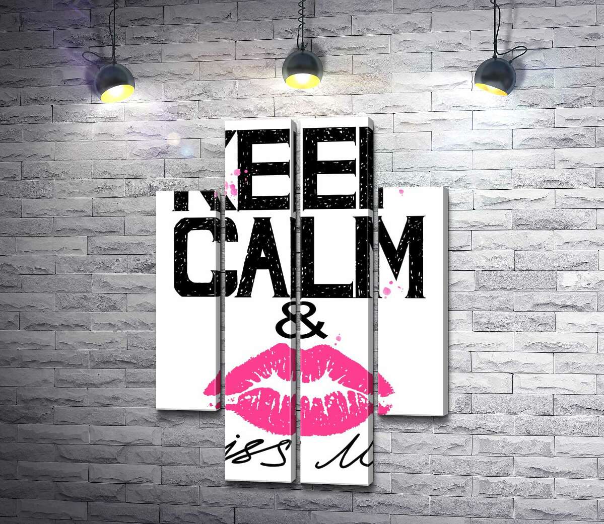 модульная картина Розовый отпечаток губ среди надписи "keep calm and kiss me" (Модуль №20)