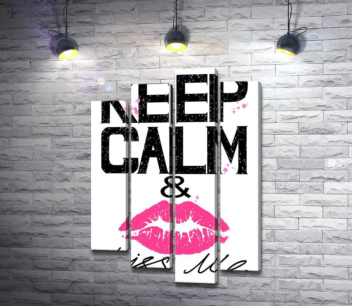модульная картина Розовый отпечаток губ среди надписи "keep calm and kiss me" (Модуль №3)