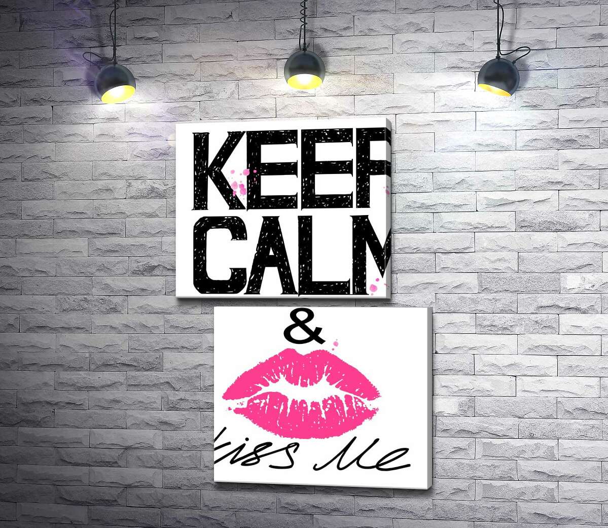 модульна картина Рожевий відбиток губ серед напису " keep calm and kiss me" (Модуль №8)