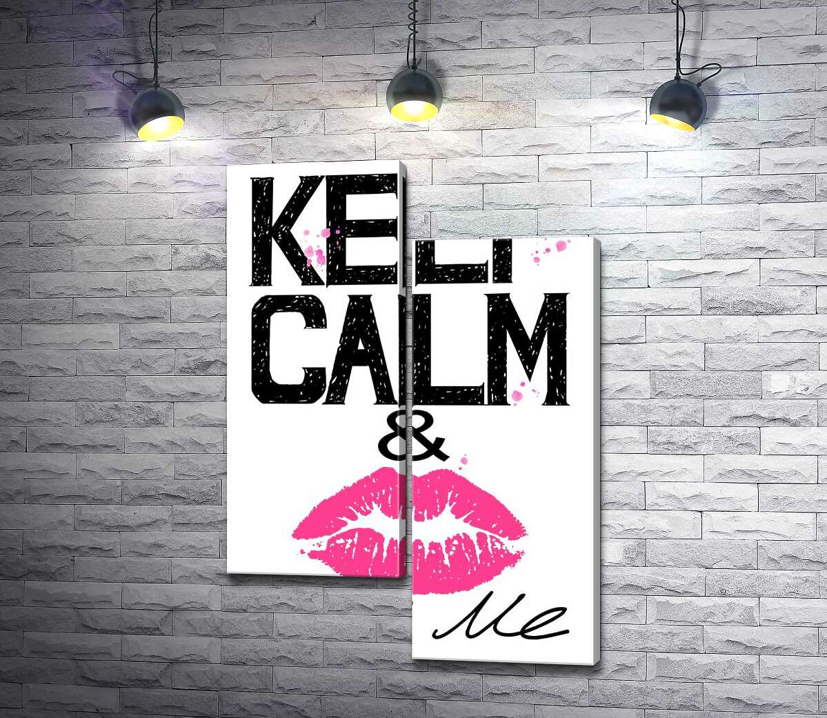 модульна картина Рожевий відбиток губ серед напису " keep calm and kiss me" (Модуль №9)