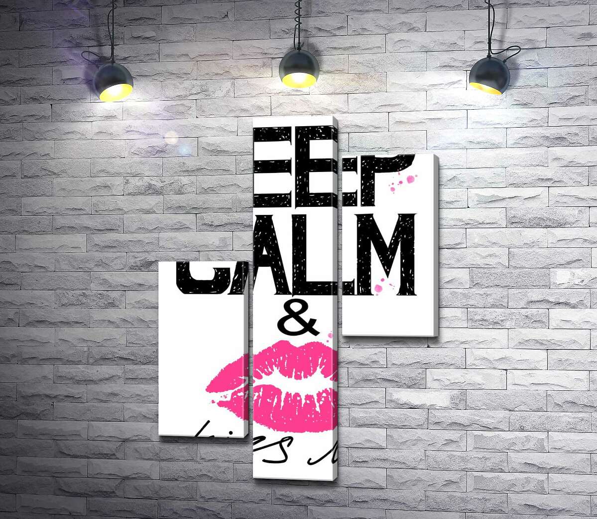 модульна картина Рожевий відбиток губ серед напису " keep calm and kiss me" (Модуль №12)