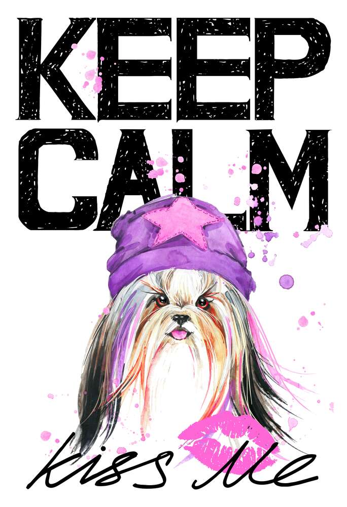 картина-постер Модная собака среди надписи "keep calm and kiss me"