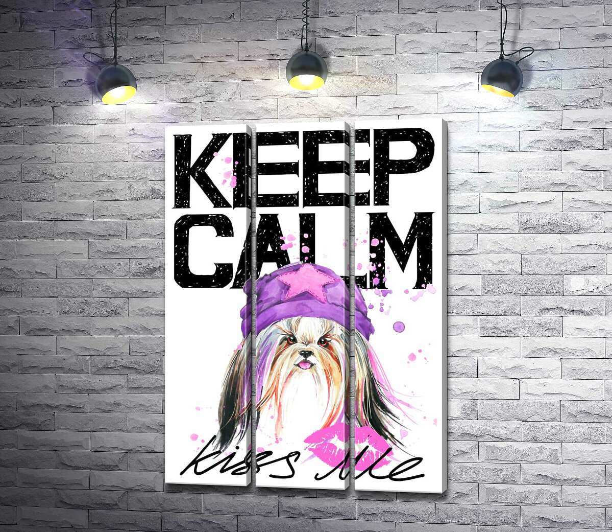 модульная картина Модная собака среди надписи "keep calm and kiss me" (Модуль №2)