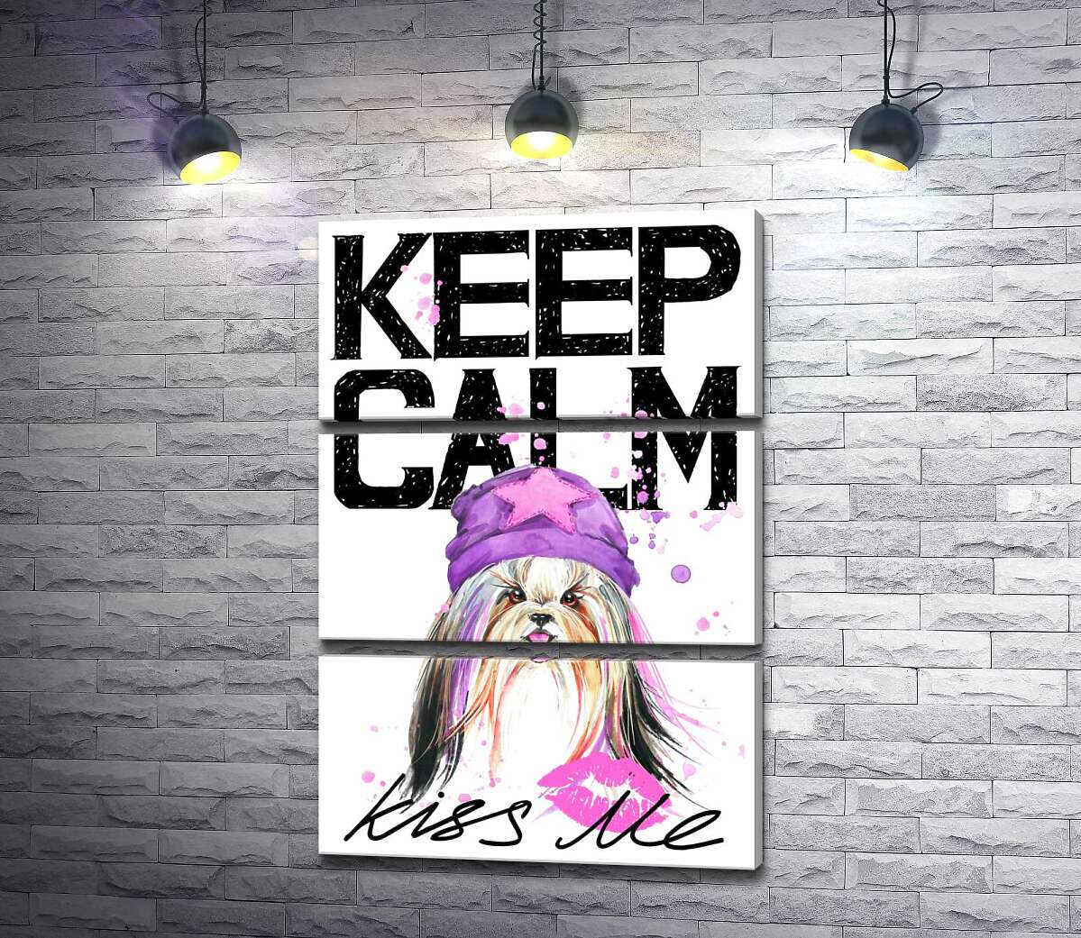 модульная картина Модная собака среди надписи "keep calm and kiss me" (Модуль №15)