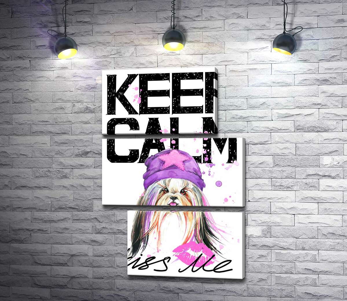 модульная картина Модная собака среди надписи "keep calm and kiss me" (Модуль №16)
