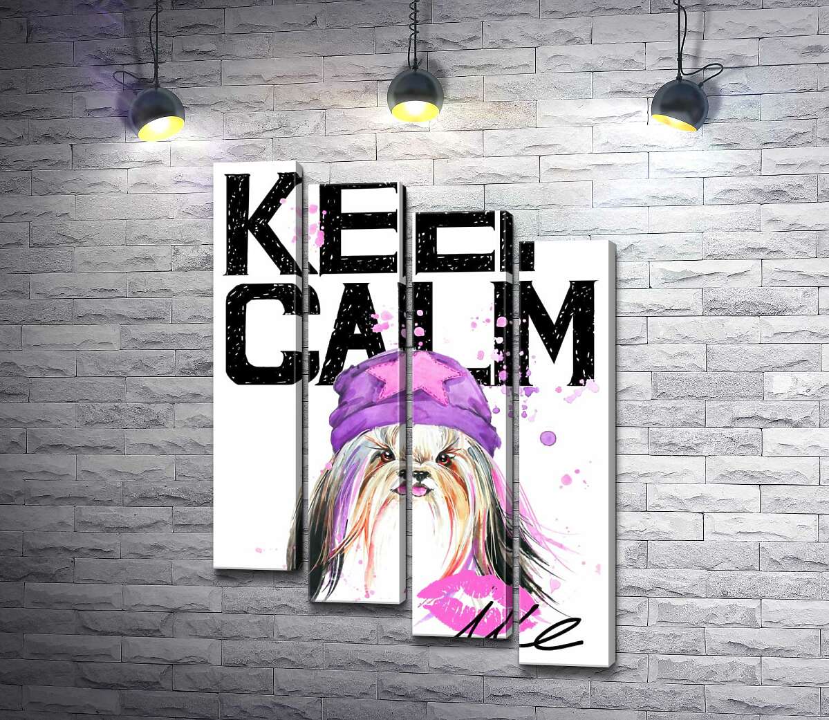 модульна картина Модна собака серед напису "keep calm and kiss me" (Модуль №19)