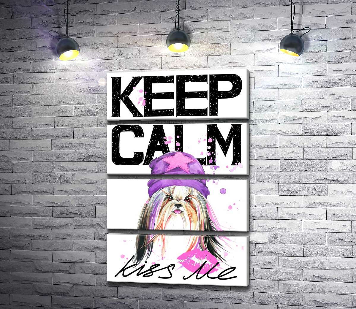 модульна картина Модна собака серед напису "keep calm and kiss me" (Модуль №22)