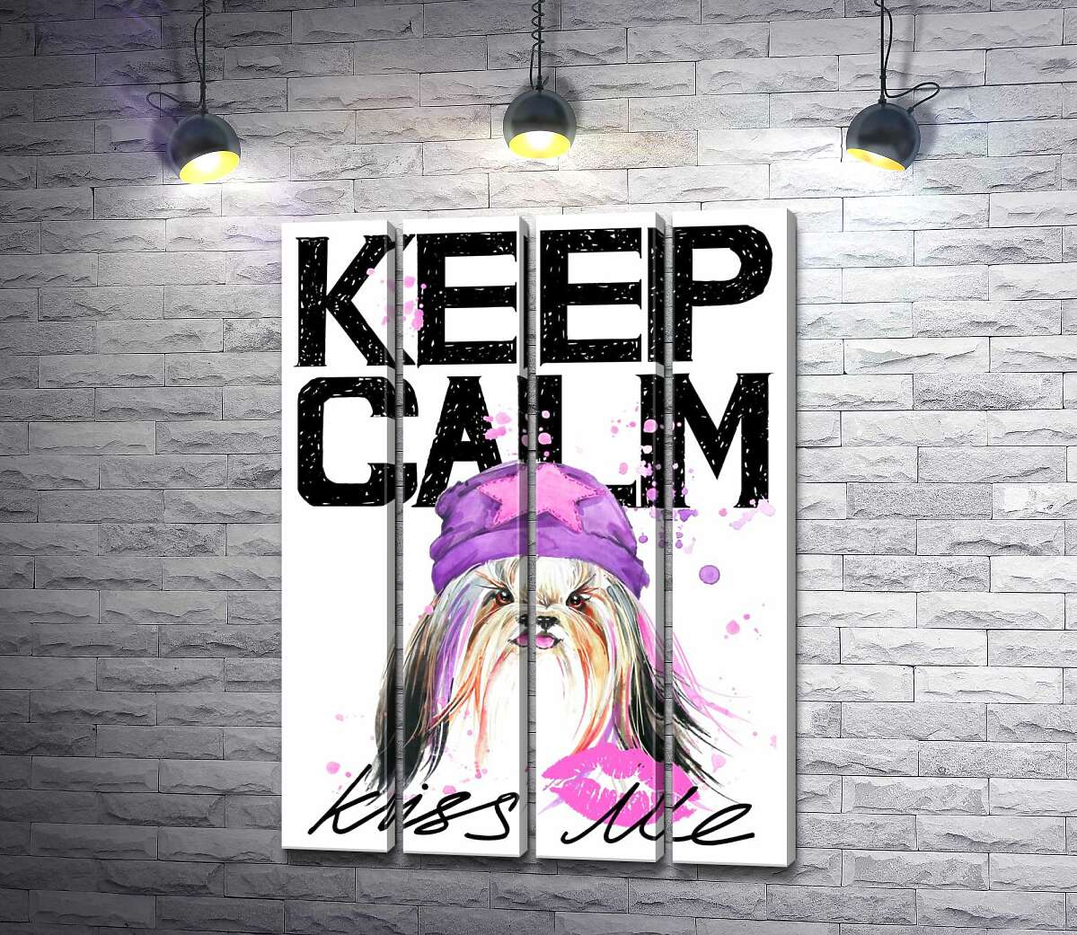модульна картина Модна собака серед напису "keep calm and kiss me" (Модуль №24)