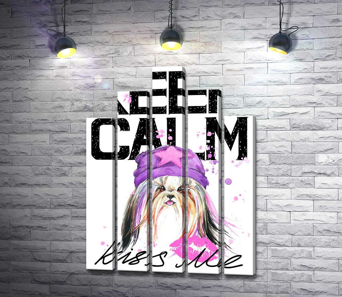 модульна картина Модна собака серед напису "keep calm and kiss me" (Модуль №29)