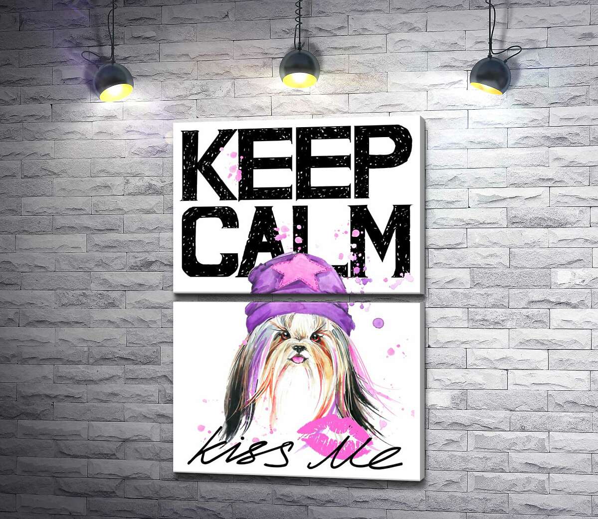 модульная картина Модная собака среди надписи "keep calm and kiss me" (Модуль №7)