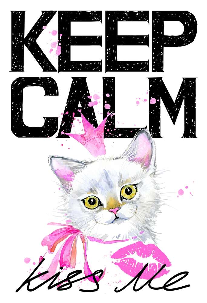 картина-постер Белая кошка-принцесса среди надписи "keep calm and kiss me"