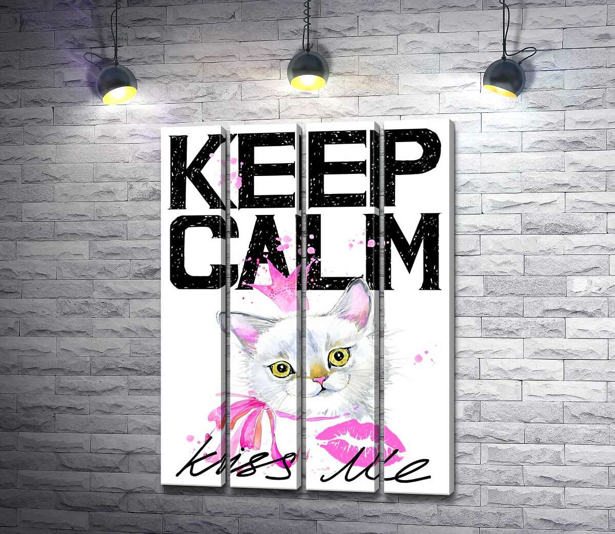 модульная картина Белая кошка-принцесса среди надписи "keep calm and kiss me" (Модуль №24)